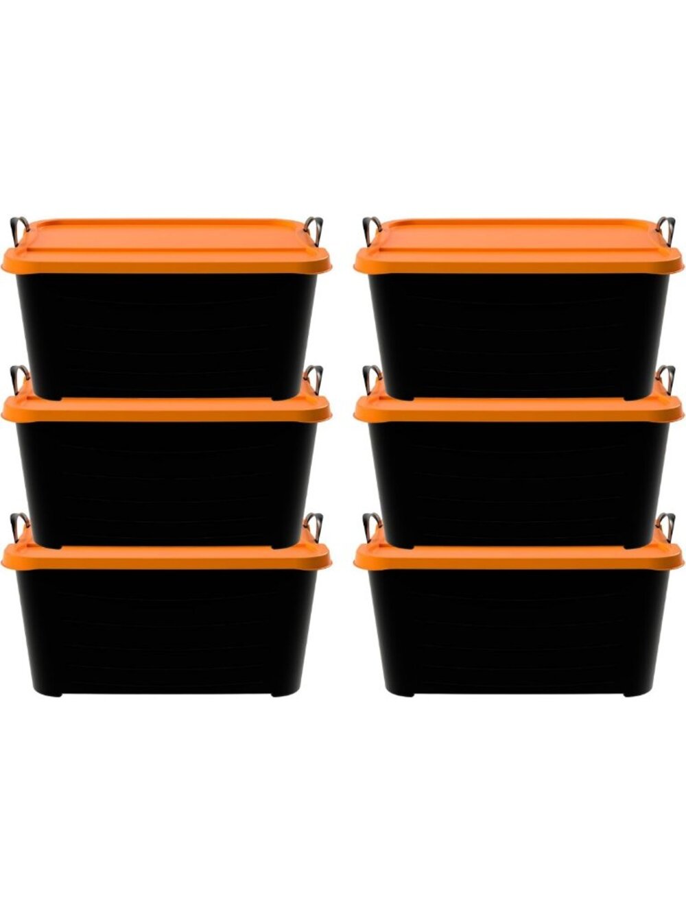6 Pack Stackable Storage Bins, 55 Qt Home Organizer, Durable Black/Orange Set